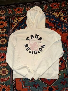 True Religion Pink Buddha Rhinestone Logo Full Zip Jacket Cream~ XL